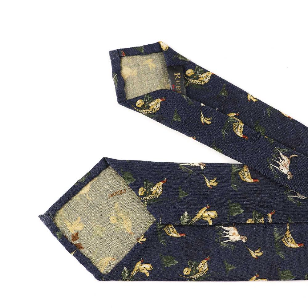 Rubinacci Cravatta in twill di lana blu con stampa cane Saldi Di Fabbrica