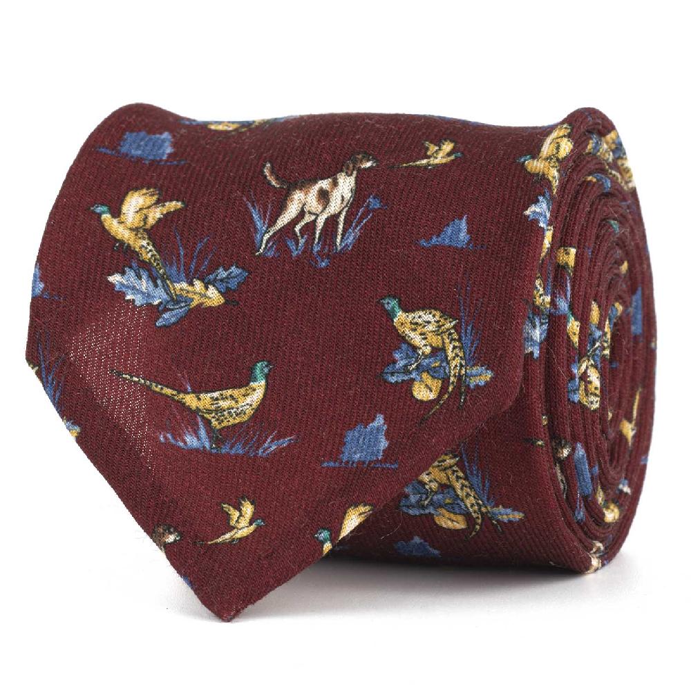 Rubinacci Cravatta in twill di lana bordeaux con stampa cane I Più Venduti