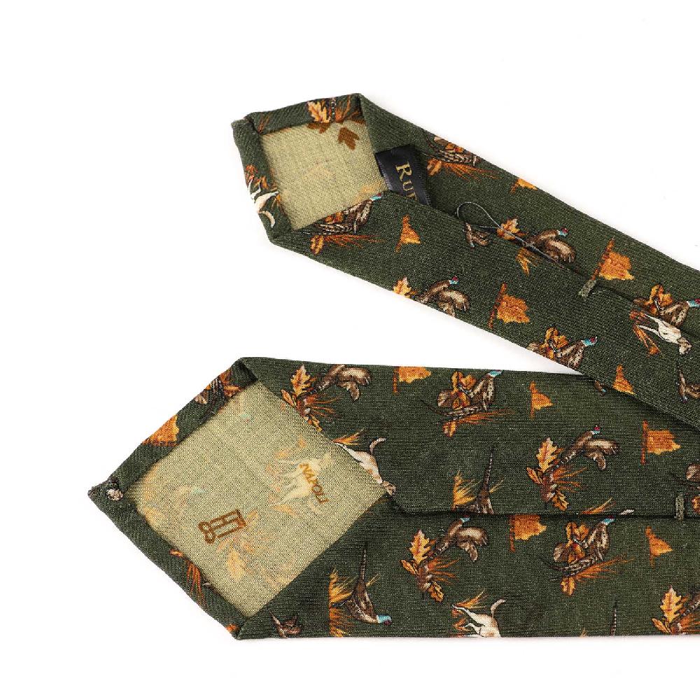 Rubinacci Cravatta in twill di lana verde con stampa cane Vendite Flash
