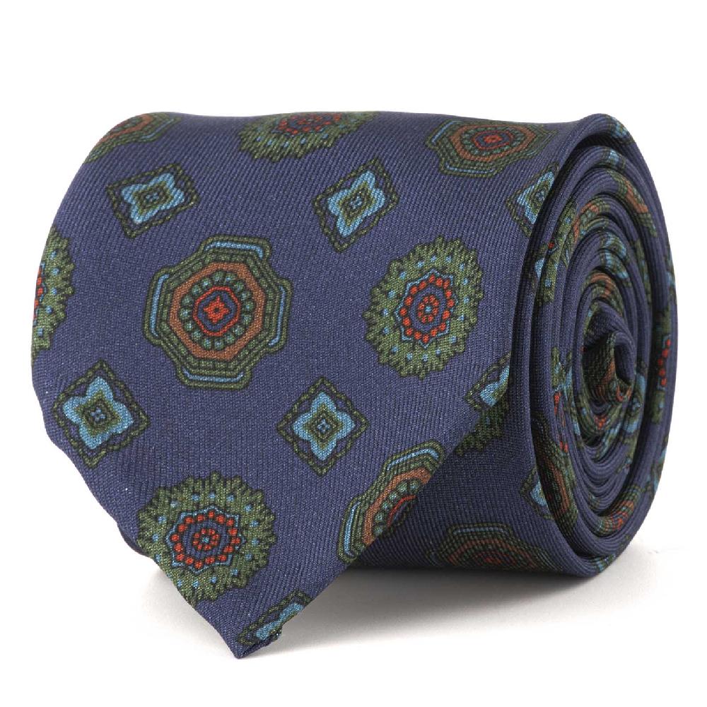 Rubinacci Cravatta in twill di seta blu con stampa geometrica Nuova