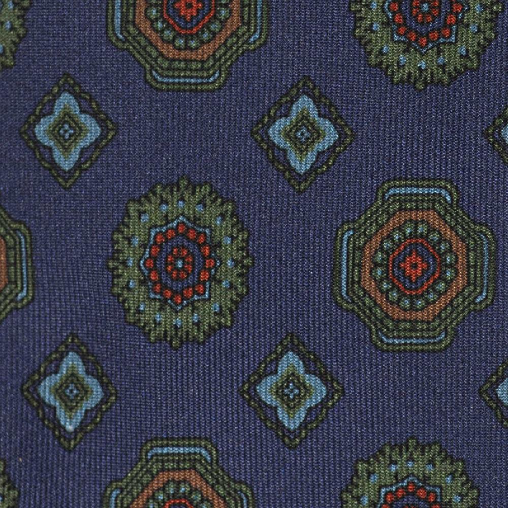 Rubinacci Cravatta in twill di seta blu con stampa geometrica Nuova