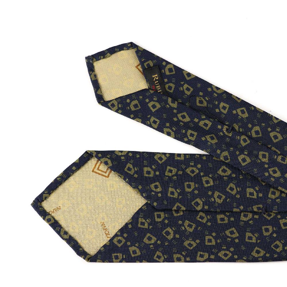 Rubinacci Cravatta in twill di seta navy blu con stampa geometrica Grande vendita