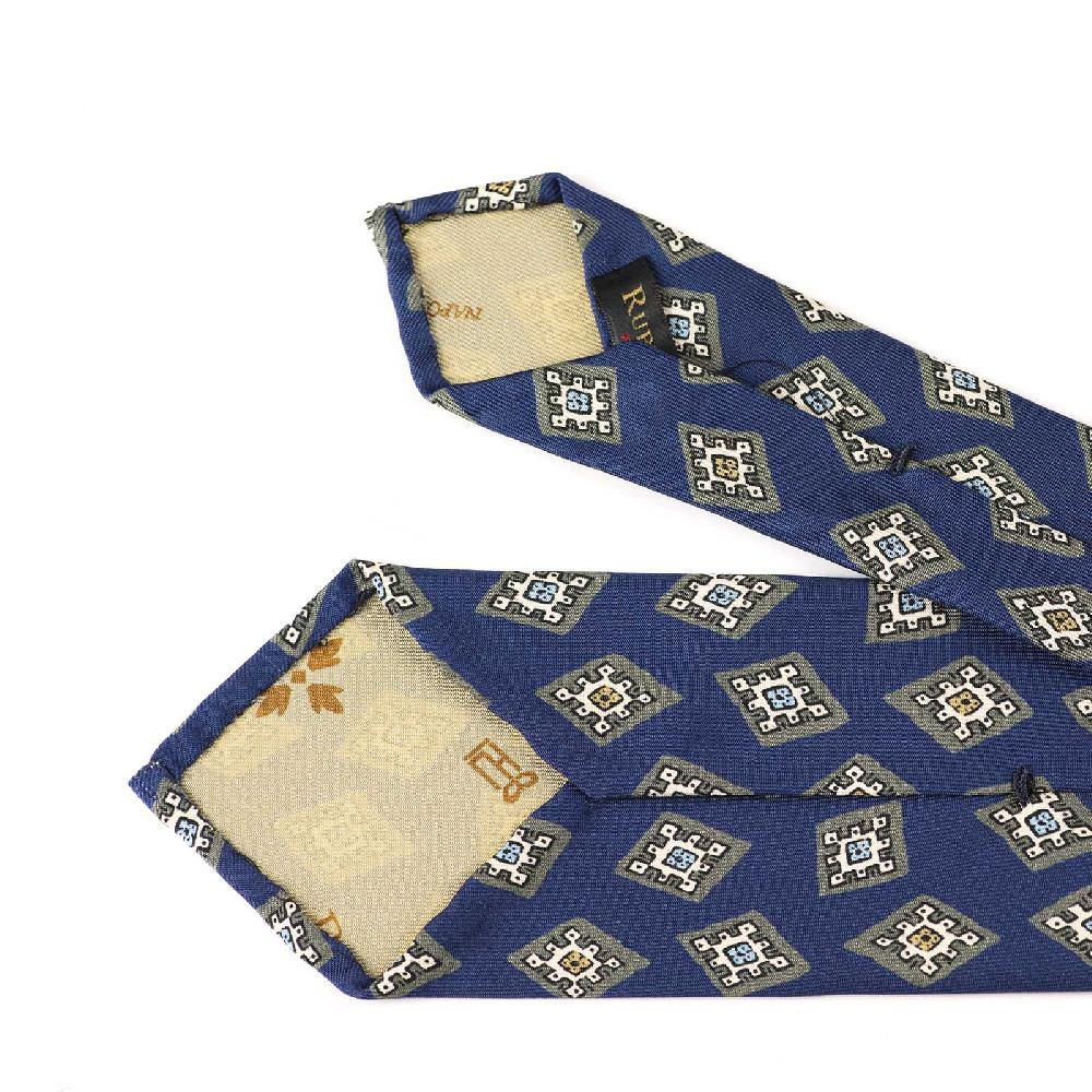 Rubinacci Cravatta in twill di seta bluette con stampa geometrica Vendite stagionali