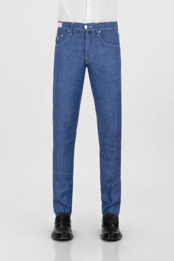 Sartoria Tramarossa PANTALONE LEONARDO BUTTONS REGULAR IN LINO BLU MEDIO Liquidazione