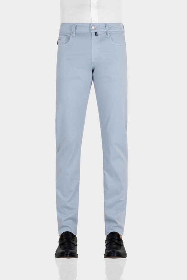 Sartoria Tramarossa PANTALONE MICHELANGELO ZIP SS REGULAR IN GABARDINA DI COTONE CON STAMPA ESTERNA BLU CHIARO 2025