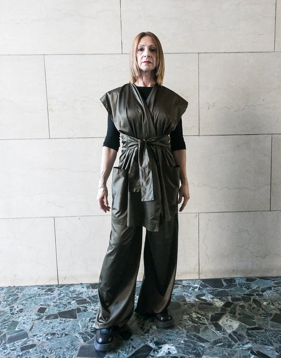 ﻿Zerobarracento Recycled polyester Wide Pants - Black/Olive/Ocra Newlife I Più Venduti