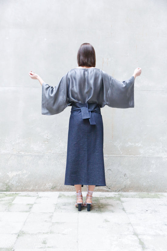﻿Zerobarracento Recycled Cotton Denim Wrap Midi Skirt Promozione